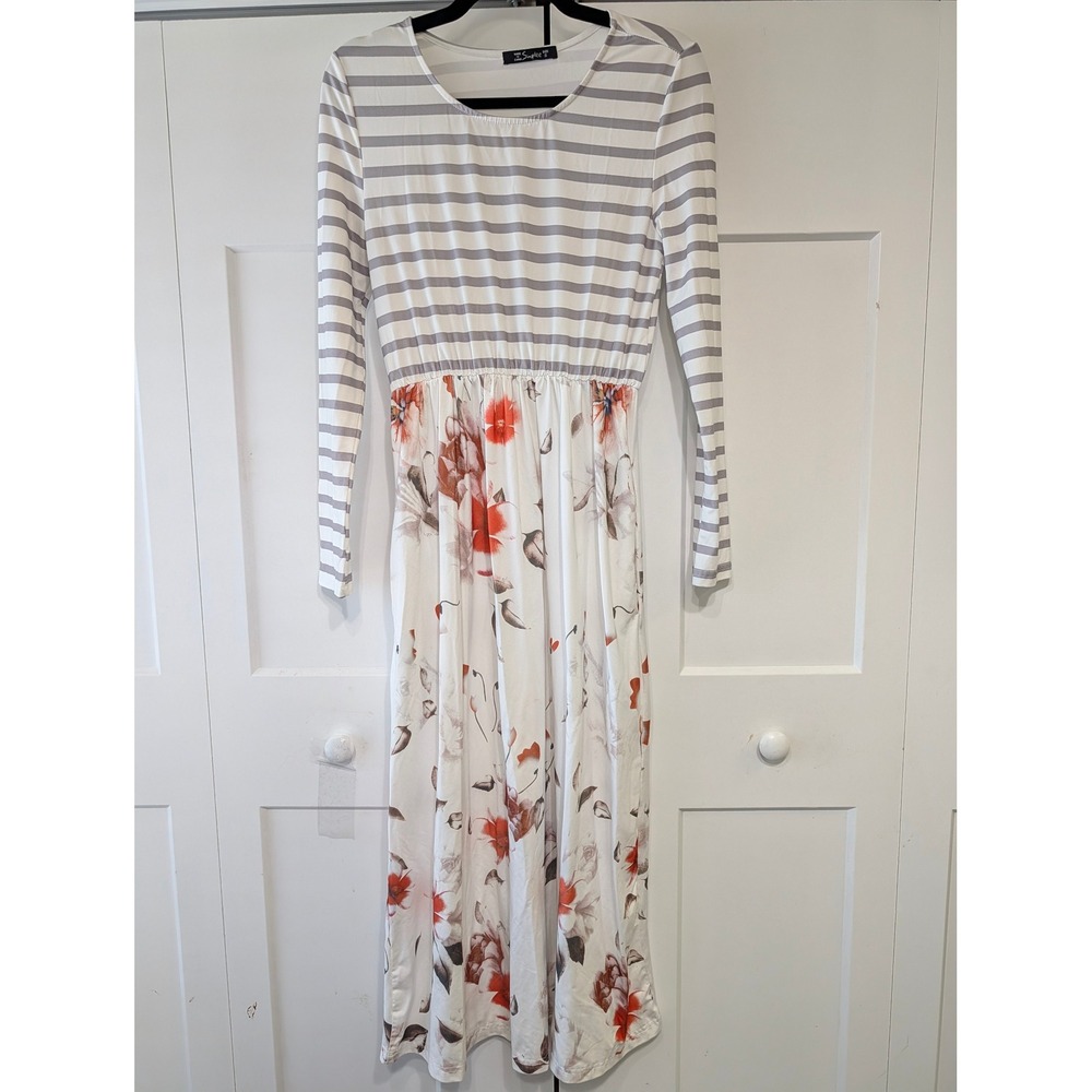 Simplee Women Small Striped Floral Mixed Print Long Sleeve Maxi Dress Pockets